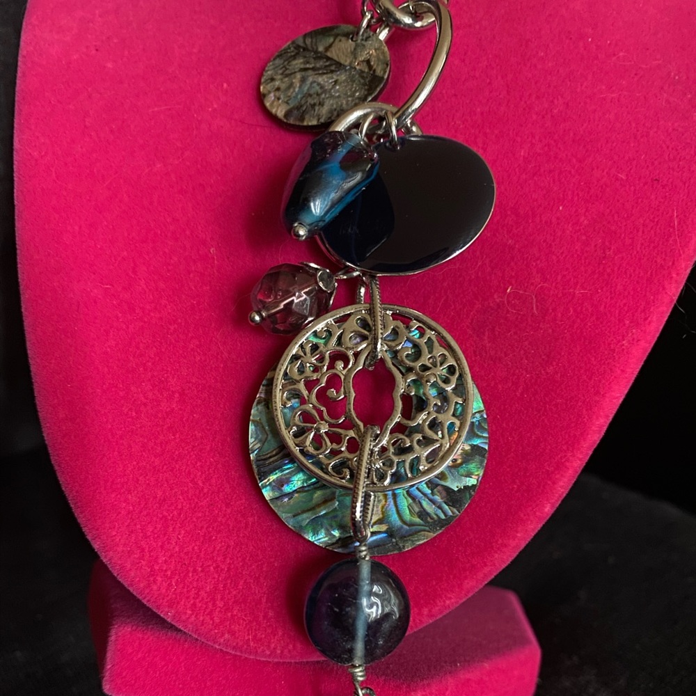 Lia Sophia Abalone Shell Statement Necklace | Blue Stone Pendant | Adjustable - Picture 3 of 4
